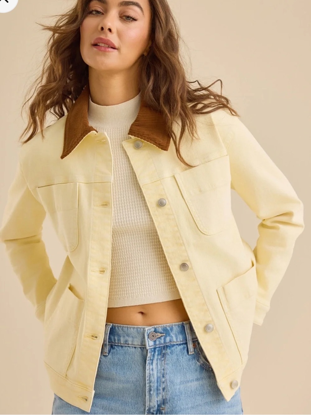 Yellow cream chore cotton coat brown corduroy collar